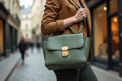 Femme élancée portant un sac tendance vert sauge structuré en cuir dans une rue parisienne, style mode 2026