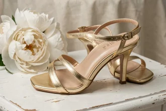 Sandales dorées petit talon pour mariage posées sur bois blanc avec bouquet de pivoines ivoire
