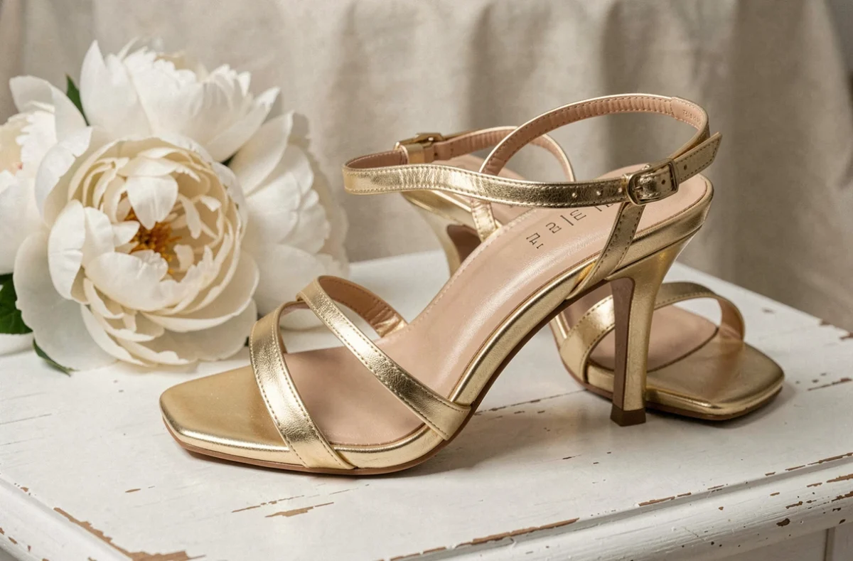 Sandales dorées petit talon pour mariage posées sur bois blanc avec bouquet de pivoines ivoire