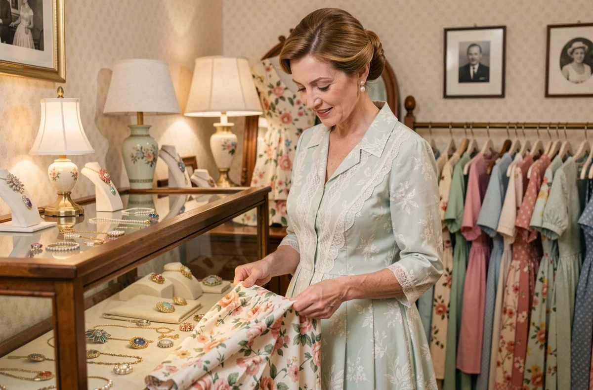 Boutique vintage féminine évoquant l'élégance française des années 50-60 avec une femme en chignon dépliant une robe fleurie sur un comptoir en bois, bijoux anciens sous vitrine et photos noir et blanc encadrées