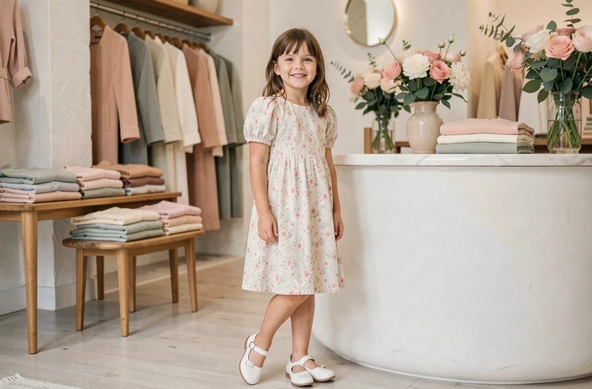 Fillette en robe fleurie élégante dans l'atmosphère romantique de la boutique Sœur à Paris