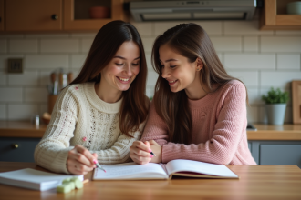 Deux jeunes soeurs discutent à la cuisine chaleureuse