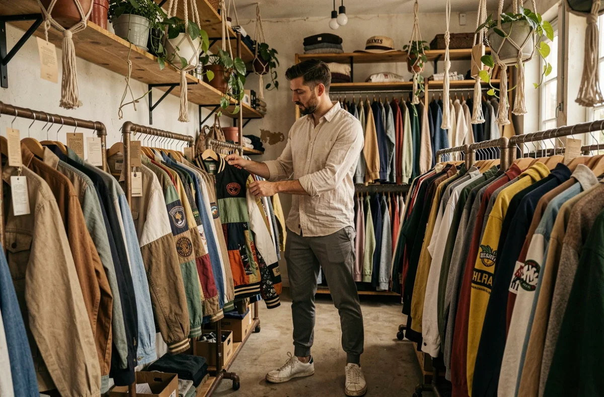 Homme parcourant des vêtements de seconde main dans une friperie vintage proposant du streetwear durable, avec des étagères en bois et des portants en tuyaux industriels recyclés
