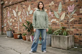 Jeune femme portant un hoodie en coton biologique et un jean recyclé devant un mur de briques urbain avec des fresques botaniques, illustrant la mode streetwear écoresponsable