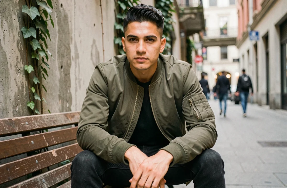 Jeune homme latino avec un taper fade bas précis, portrait en extérieur dans une cour urbaine mettant en valeur la silhouette du visage