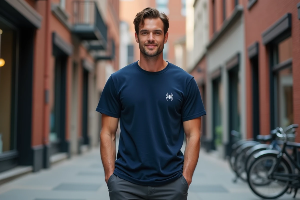 Homme adulte portant un tee-shirt Spider-Man discret bleu marine avec un chino sombre dans un contexte urbain stylé