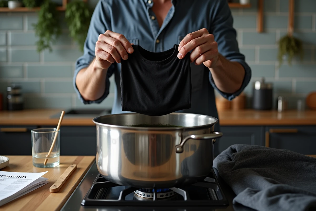 Homme réalisant une teinture noire écologique maison sur un t-shirt en coton dans une cuisine artisanale
