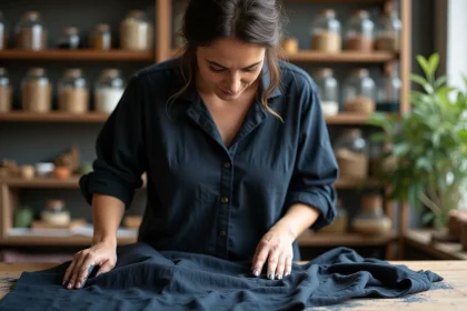 Femme teignant un vêtement en lin noir avec des teintures naturelles écologiques dans un atelier artisanal