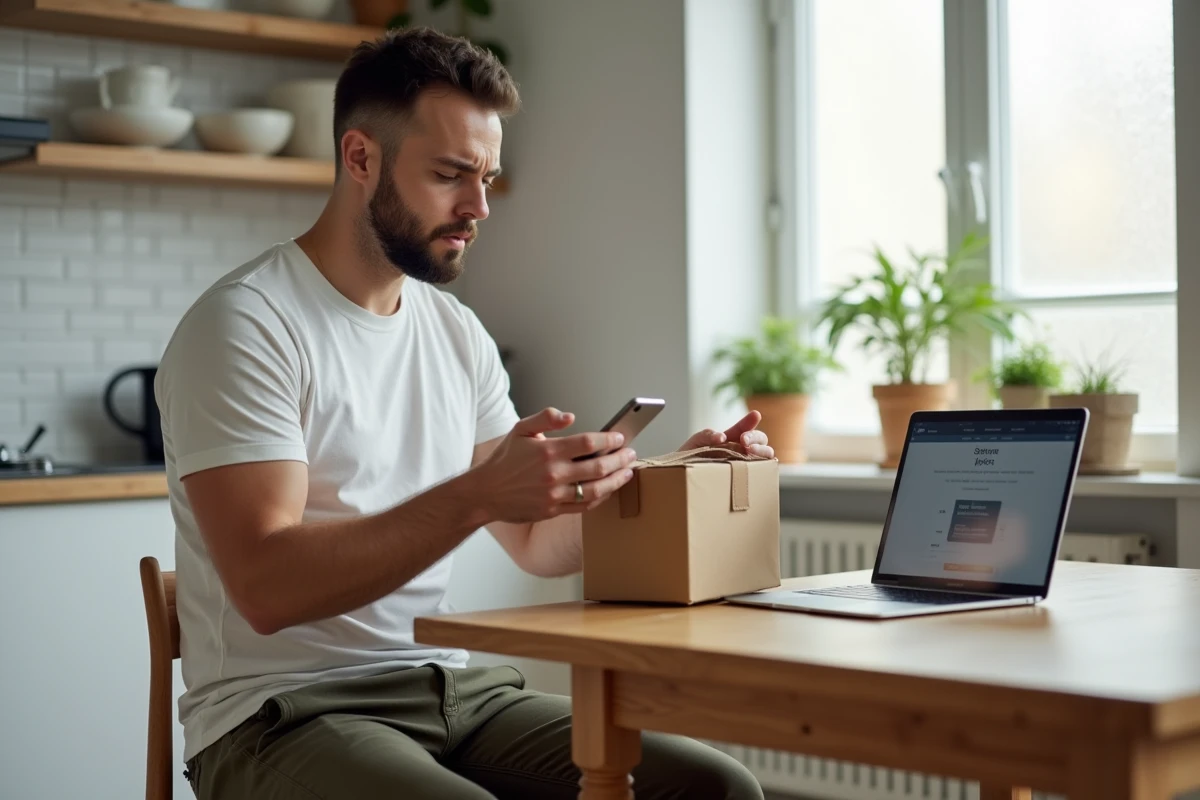 Vendeur Vinted consulté son téléphone face à un colis retour non récupéré à la maison
