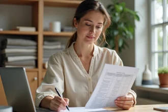 Femme consultant un formulaire de commande de vêtements professionnels sur son bureau avec un ordinateur portable affichant une plateforme Monespace habillement