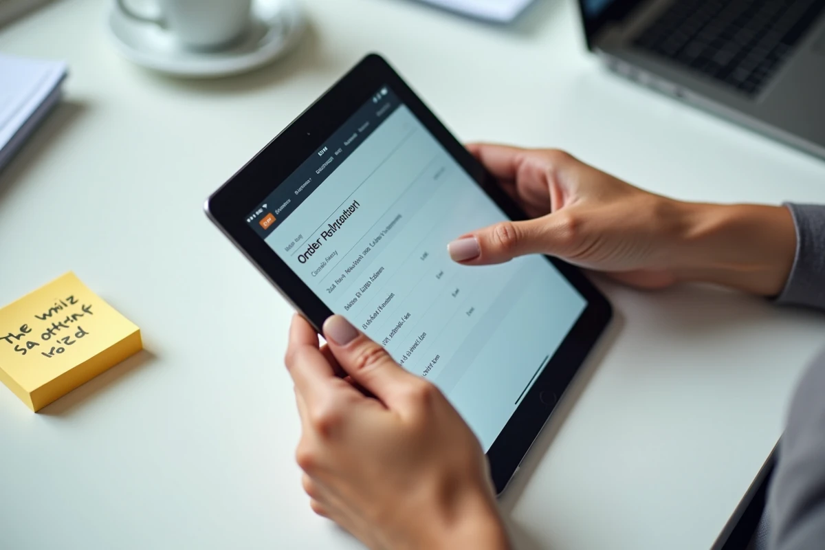Gros plan de mains féminines vérifiant une confirmation de commande de vêtements professionnels sur une tablette avec des notes de tailles manuscrites