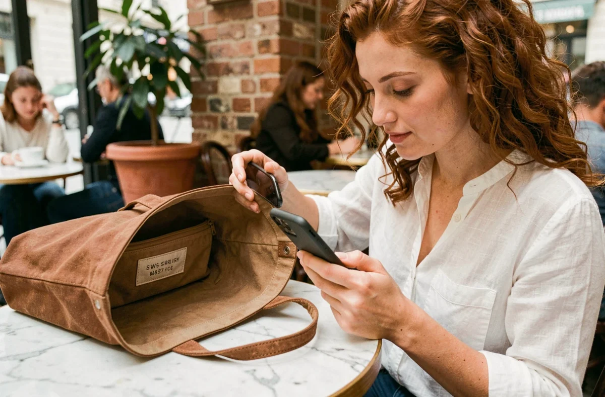 Jeune femme photographiant l'étiquette intérieure d'un sac contrefait pour vérifier son authenticité
